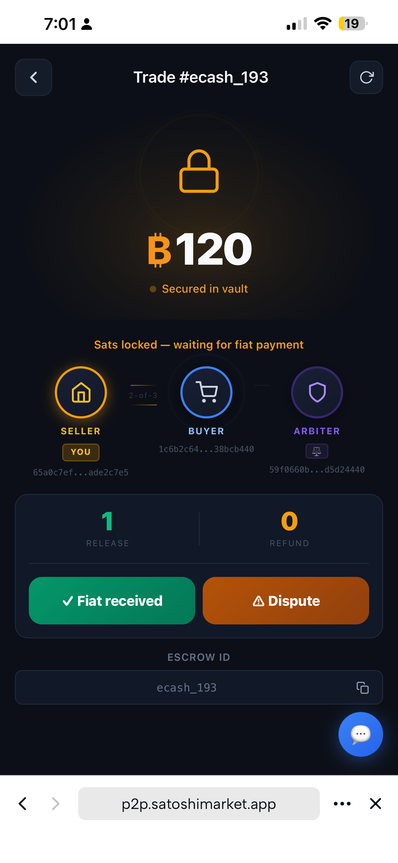 P2P Trade — Voting with Fiat Received and Dispute buttons